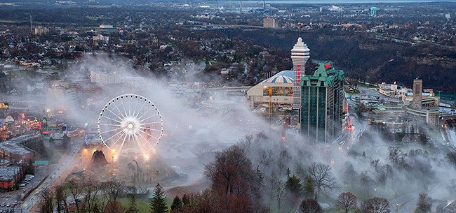 Aerial Foggy View of Casino Niagara